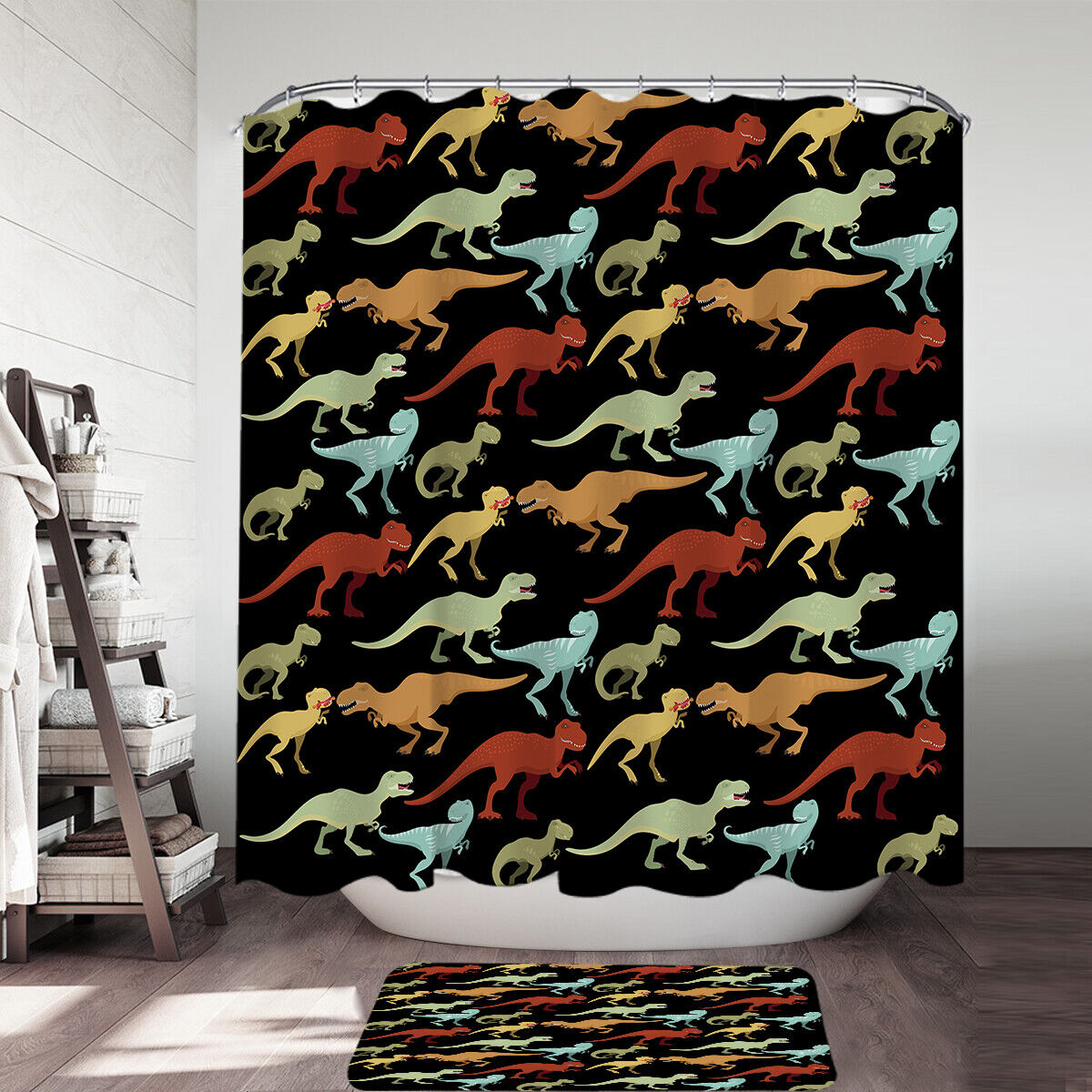 Add a Pop of Color to Your Bathroom with This Multi Colored Dinosaurs Shower Curtain