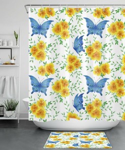 Add a Pop of Color with Watercolor Green Leaves Yellow Flower Blue Butterfly Shower Curtain Bathroom
