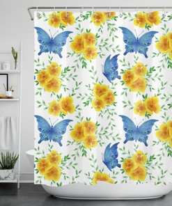 Add a Pop of Color with Watercolor Green Leaves Yellow Flower Blue Butterfly Shower Curtain Bathroom