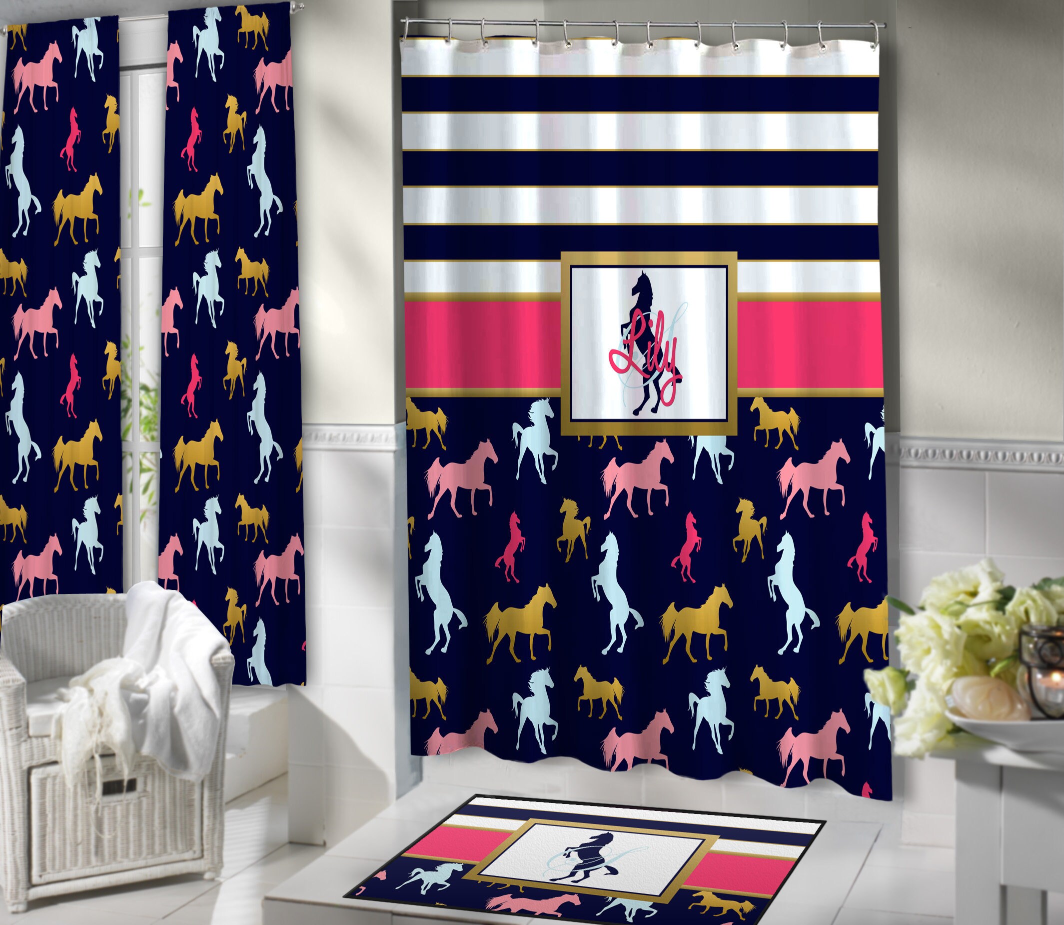 Add a Sophisticated Accent to Your Bathroom with These Blue and White Horse Curtains