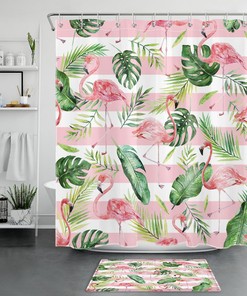 Add a Touch of Charm with Monstera Leaf Flamingo Pink White Striped Shower Curtain