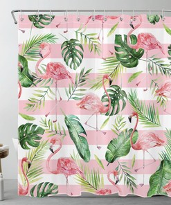 Add a Touch of Charm with Monstera Leaf Flamingo Pink White Striped Shower Curtain