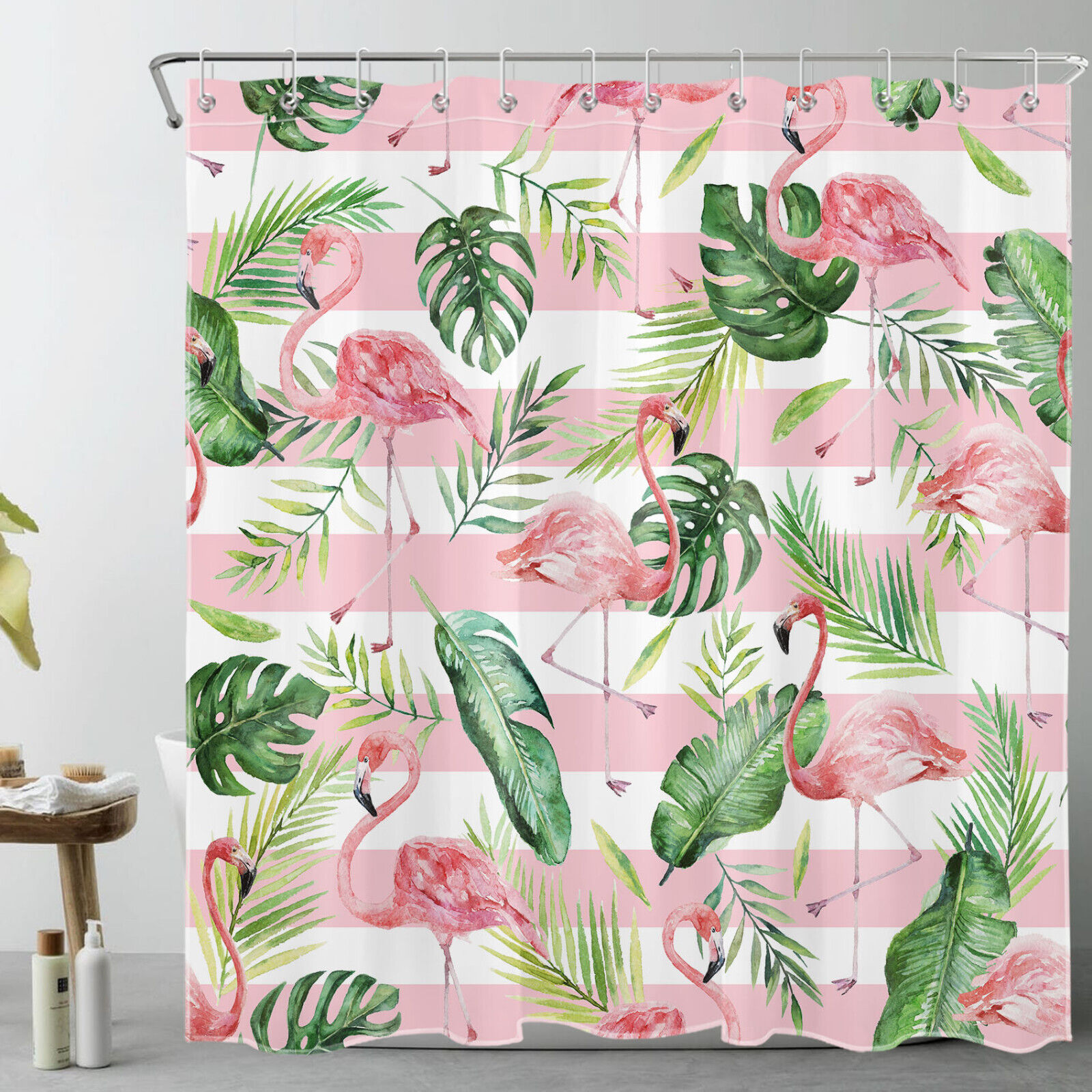 Add a Touch of Charm with Monstera Leaf Flamingo Pink White Striped Shower Curtain