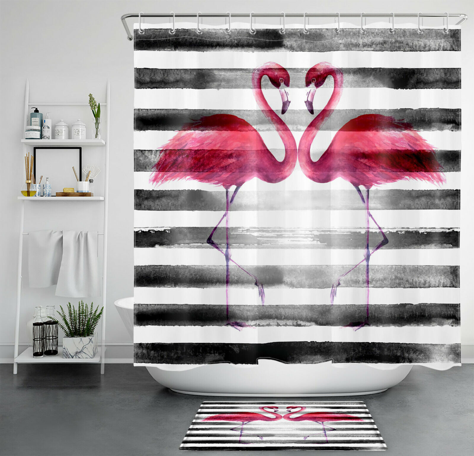 Add a Touch of Elegance with Watercolor Flamingo Shower Curtain and Black White Stripe Bathroom Accessories