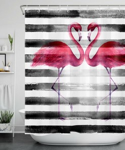 Add a Touch of Elegance with Watercolor Flamingo Shower Curtain and Black White Stripe Bathroom Accessories