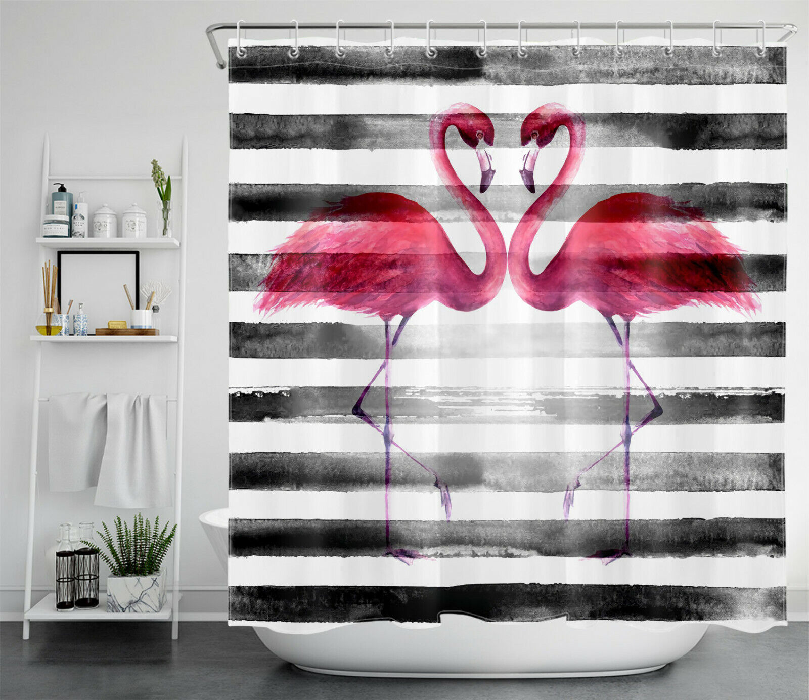 Add a Touch of Elegance with Watercolor Flamingo Shower Curtain and Black White Stripe Bathroom Accessories