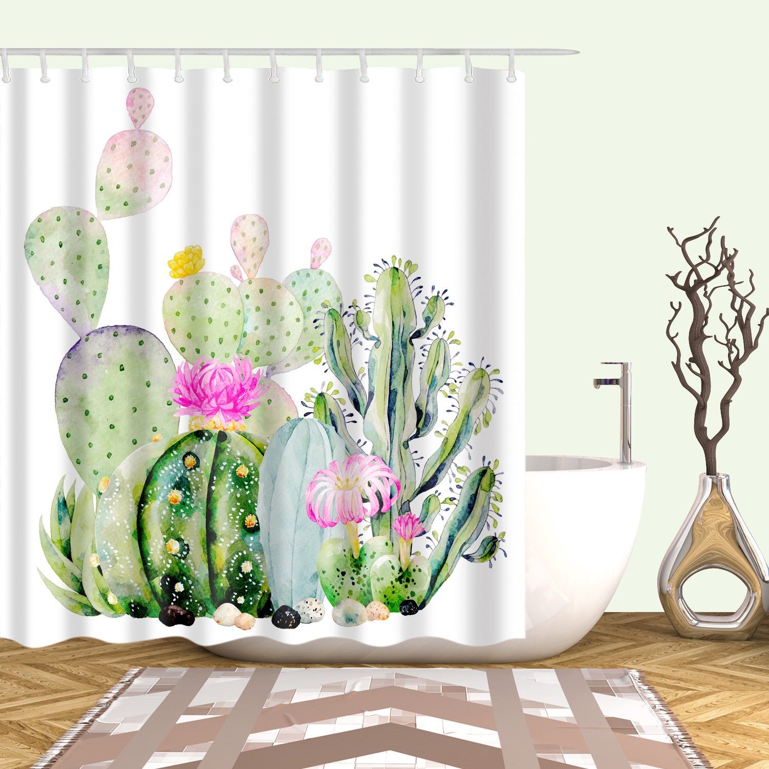 Add a Touch of Greenery with this Green Leaves and Palm Cactus Shower Curtain
