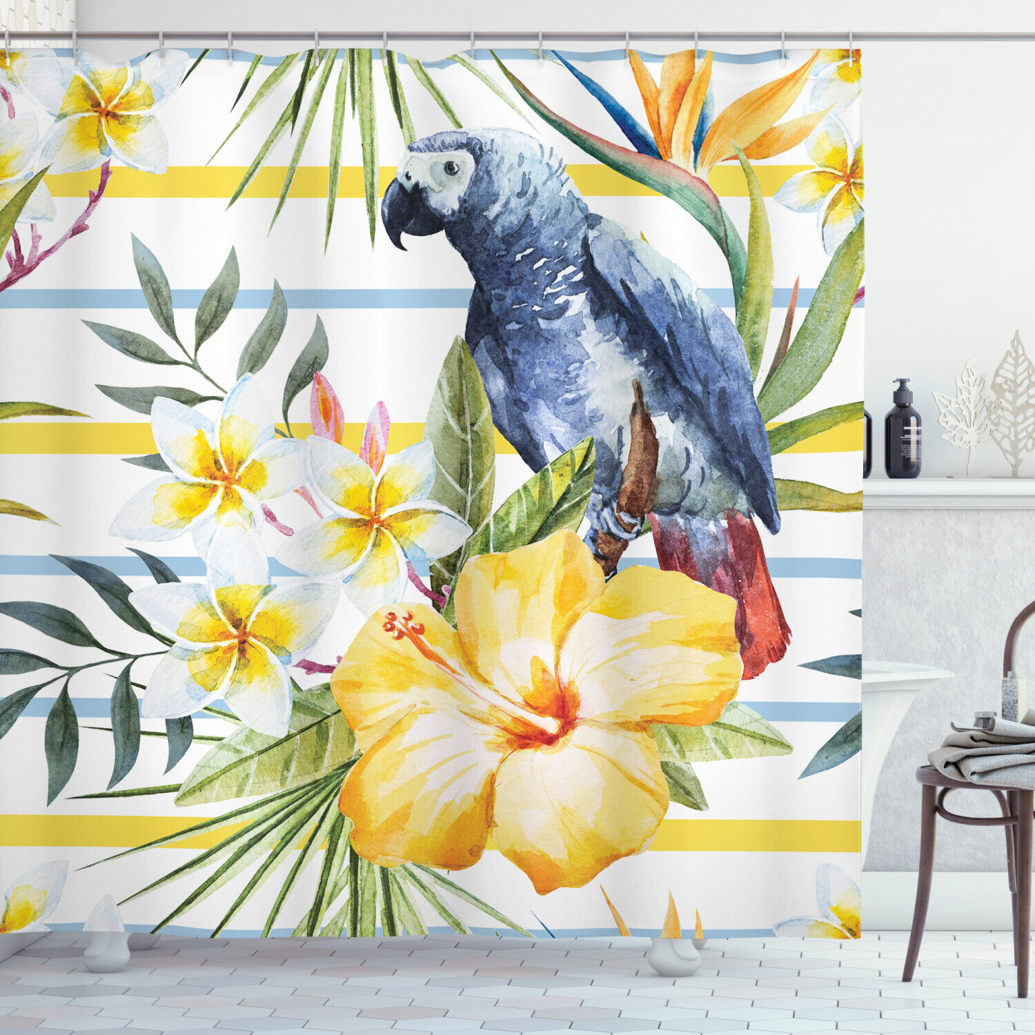 Add a Touch of Nature to Your Bathroom with Parrot and Hibiscus Flowers Shower Curtain