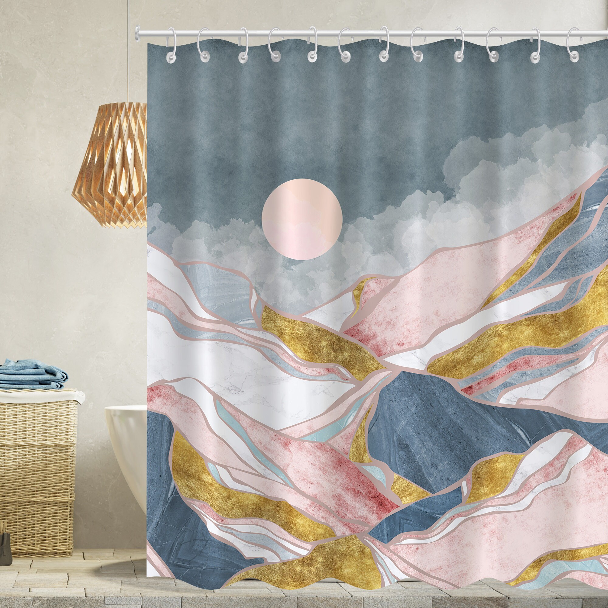 Add an Ethereal Touch with Pink Mountains View Shower Curtain for Your Bathroom