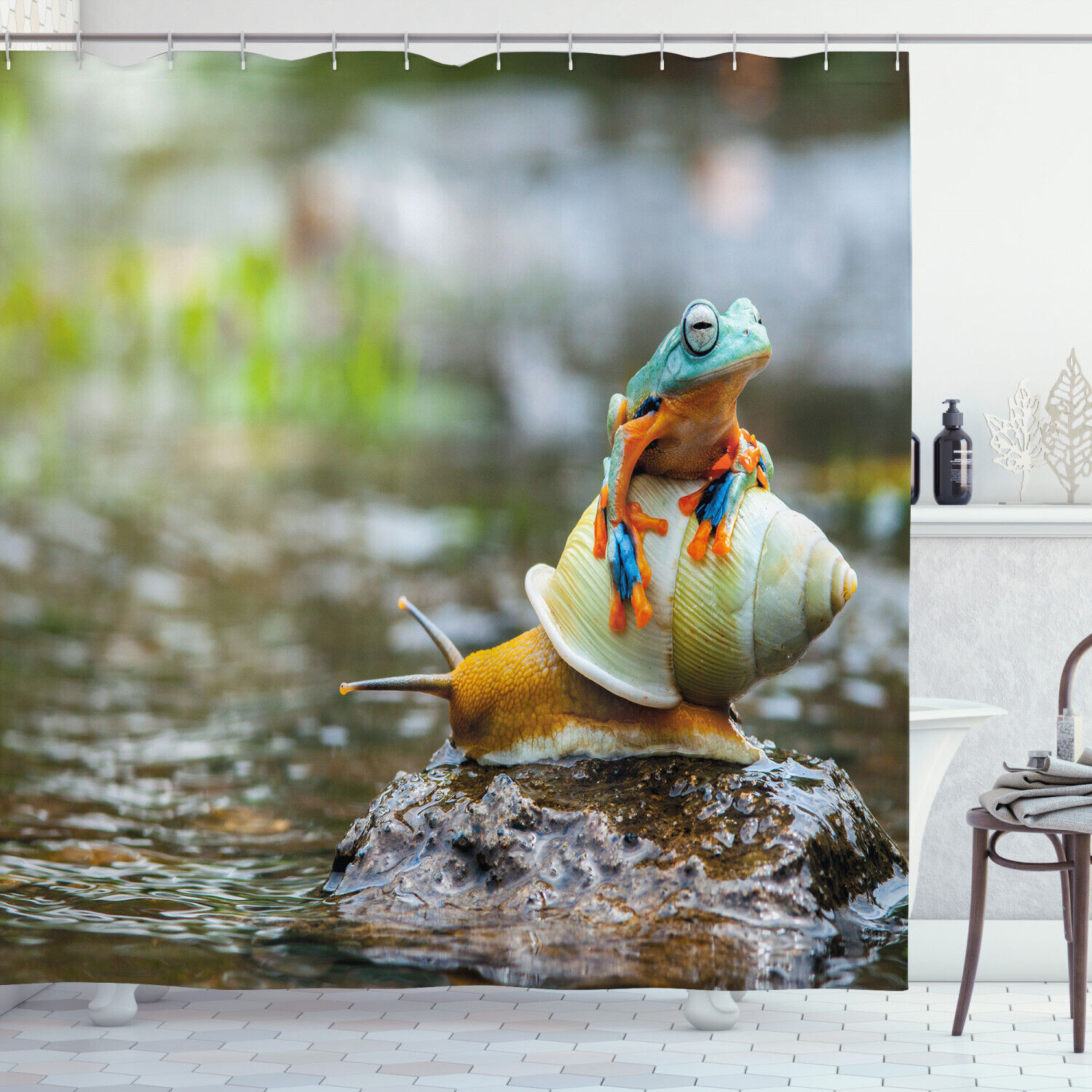 Adorable And Cute Frog Above The Snail Print Shower Curtain, Perfect Bathroom Decor Idea For Animal Lovers