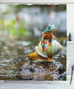Adorable And Cute Frog Above The Snail Print Shower Curtain, Perfect Bathroom Decor Idea For Animal Lovers