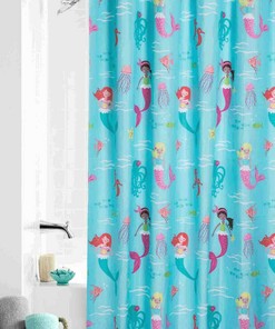 Adorable Aqua Mermaid Fabric Shower Curtain with Sealife Fish Ocean Design 