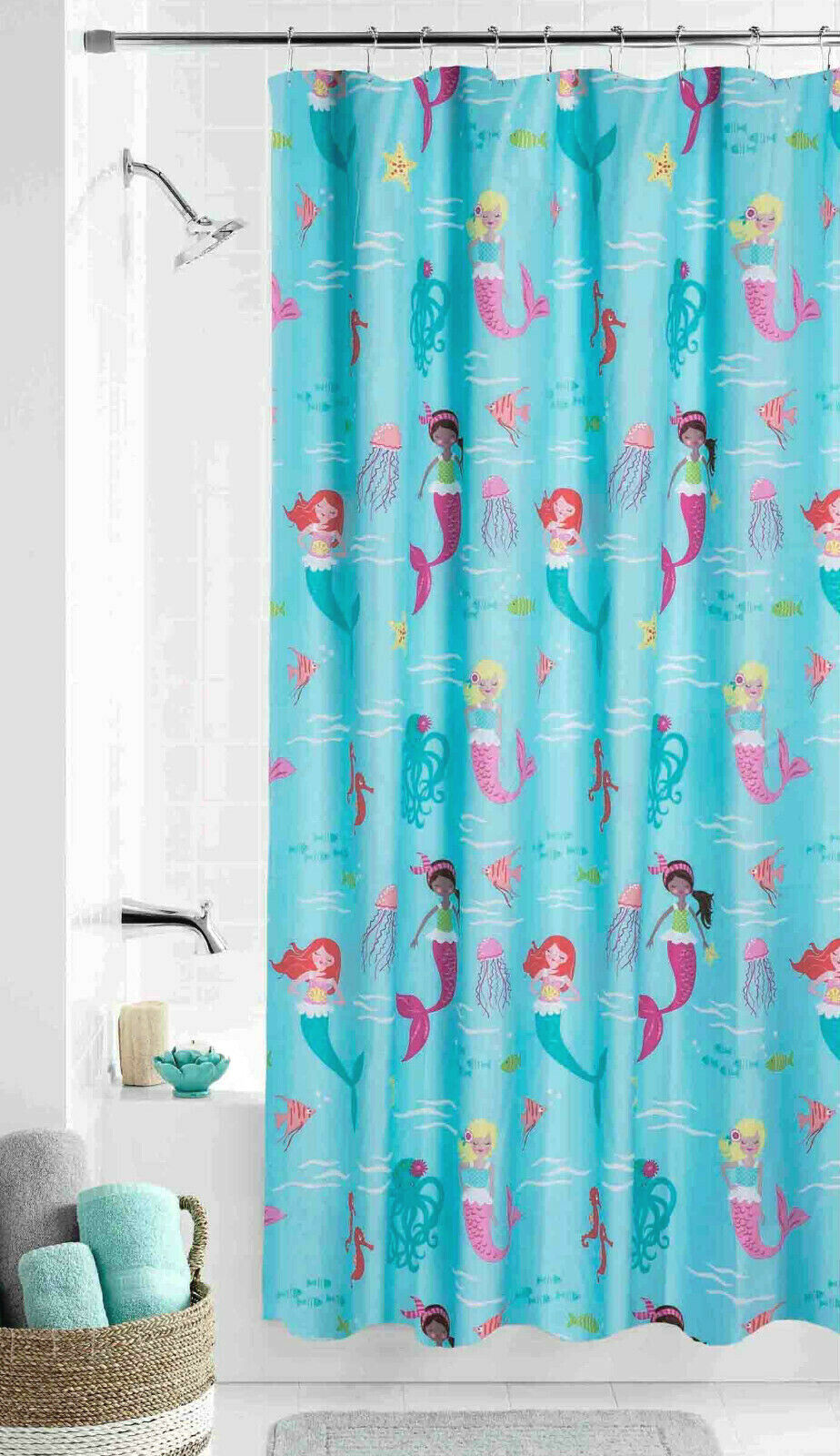 Adorable Aqua Mermaid Fabric Shower Curtain with Sealife Fish Ocean Design