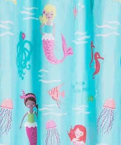 Adorable Aqua Mermaid Fabric Shower Curtain with Sealife Fish Ocean Design