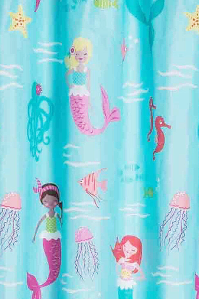 Adorable Aqua Mermaid Fabric Shower Curtain with Sealife Fish Ocean Design