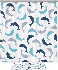 Adorable Blue And Grey Dolphin Shower Curtain For Bathroom Showers, Stalls, And Bathtubs