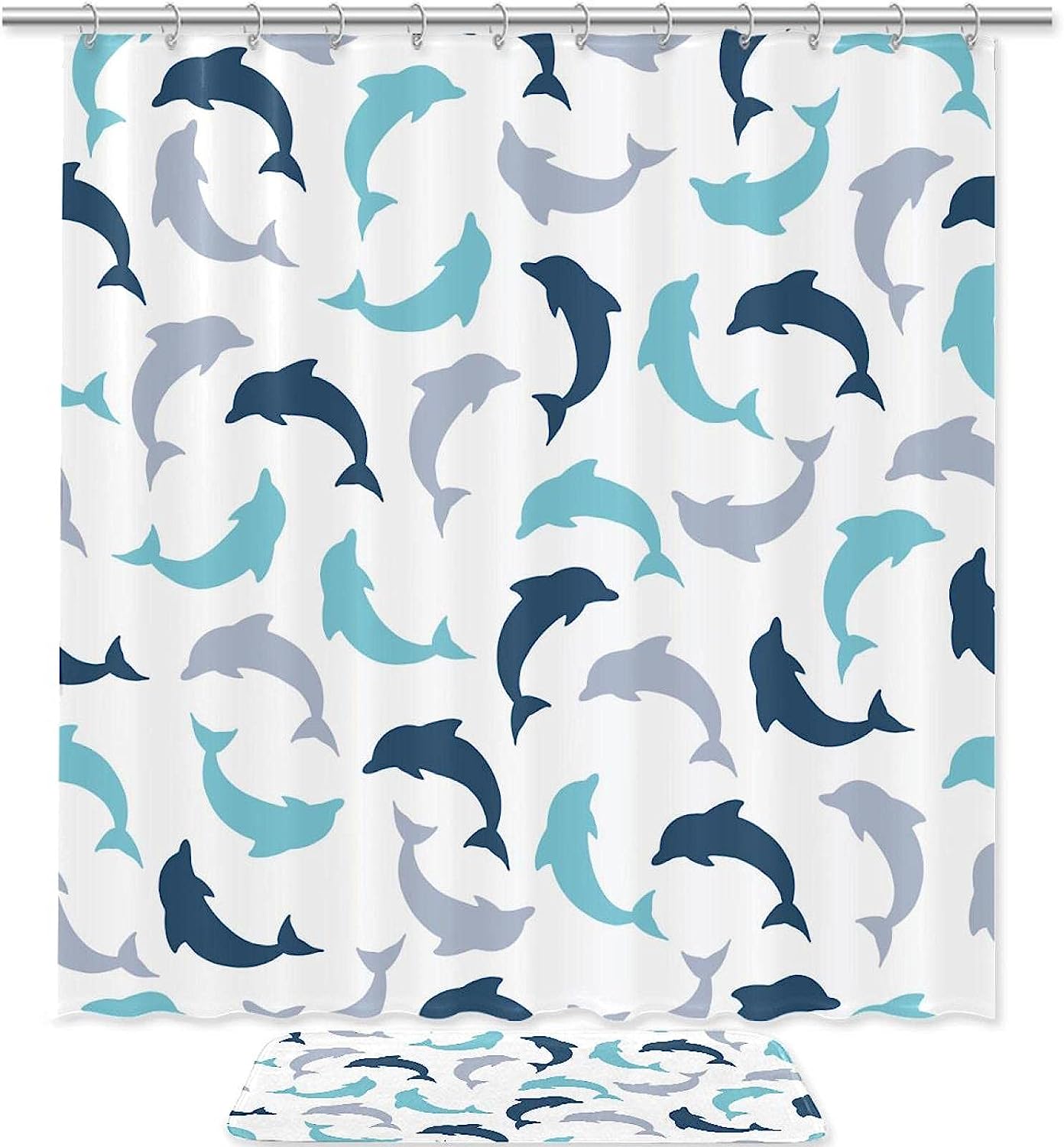 Adorable Blue And Grey Dolphin Shower Curtain For Bathroom Showers, Stalls, And Bathtubs