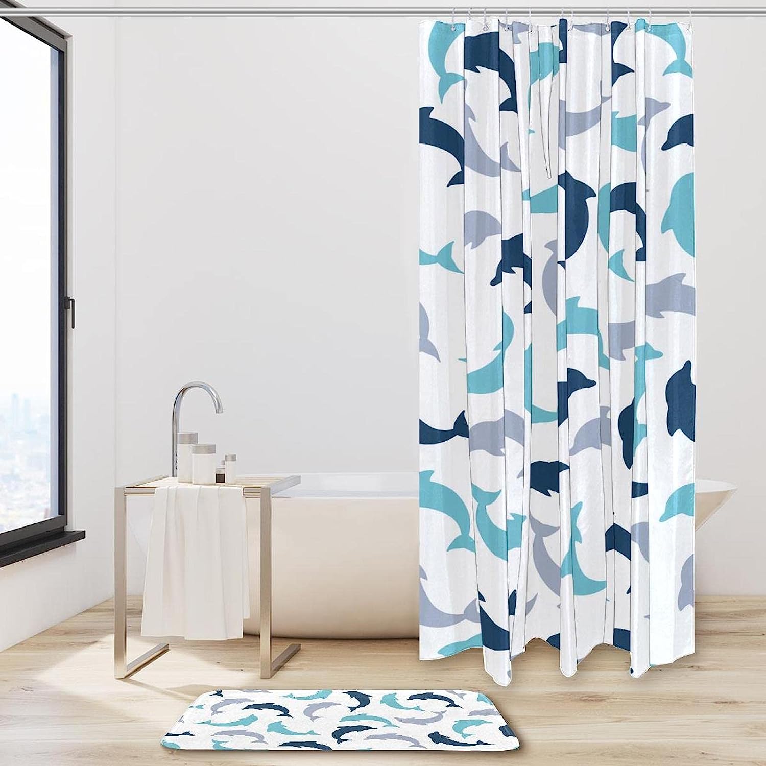 Adorable Blue And Grey Dolphin Shower Curtain For Bathroom Showers, Stalls, And Bathtubs - Image 2