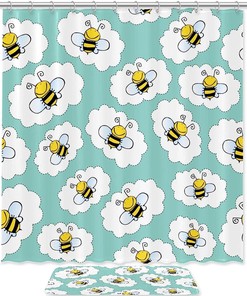 Adorable Blue Bee Shower Curtain With Waterproof Fabric Material For Bathroom Decor