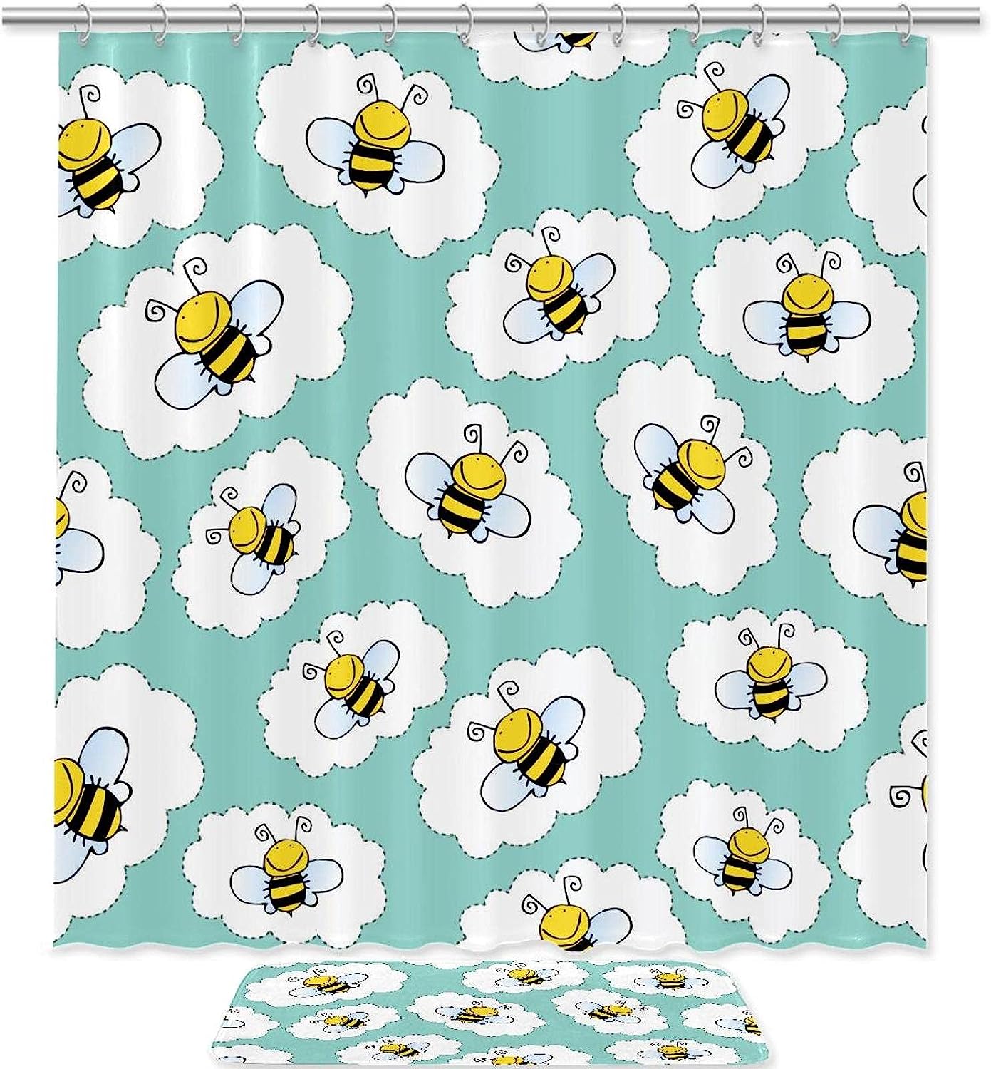 Adorable Blue Bee Shower Curtain With Waterproof Fabric Material For Bathroom Decor