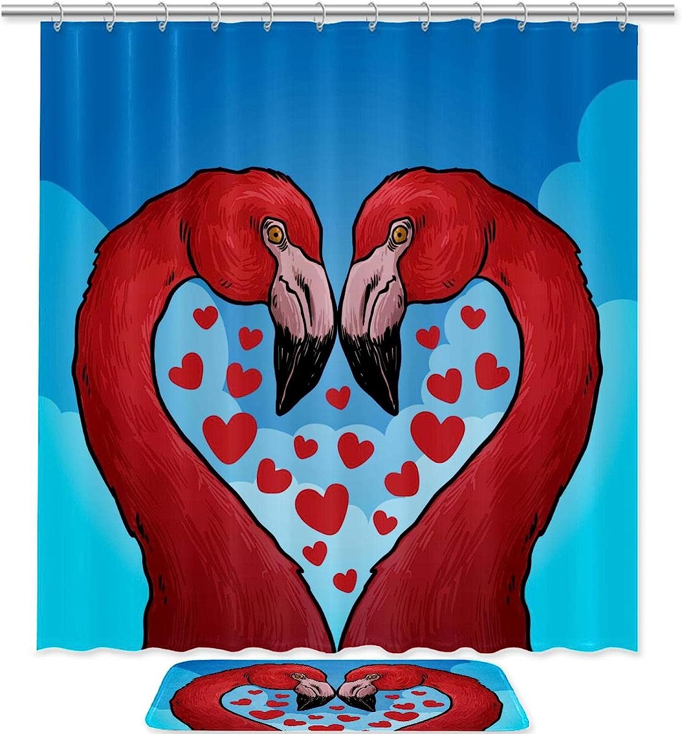 Adorable Blue Flamingo Washable Shower Curtain With Fabric Material For Bathroom Decoration