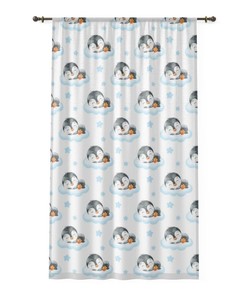 Adorable Blue Sleeping Penguin Cloud Stars Nursery Window Curtain