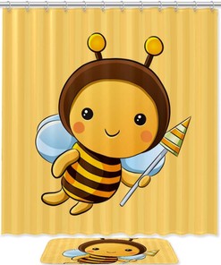 Adorable Cartoon Bee Print Bathroom Decor Shower Curtain Memory Foam Waterproof Fabric