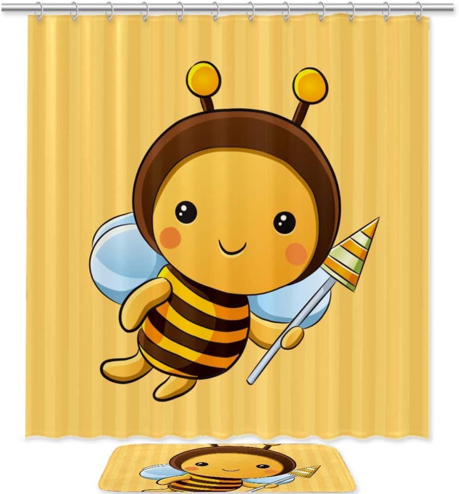 Adorable Cartoon Bee Print Bathroom Decor Shower Curtain Memory Foam Waterproof Fabric
