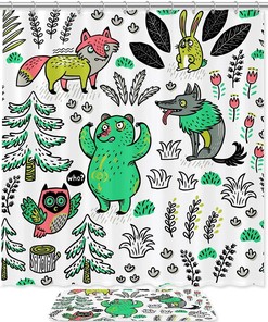 Adorable Cartoon Fox Bear Wolf And Owl Waterproof Shower Curtain For Kids' Bathroom