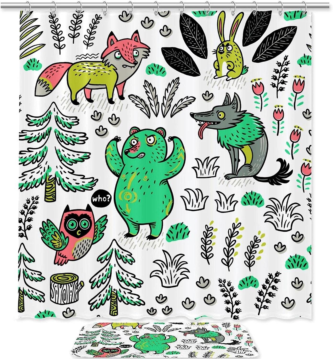 Adorable Cartoon Fox Bear Wolf And Owl Waterproof Shower Curtain For Kids' Bathroom