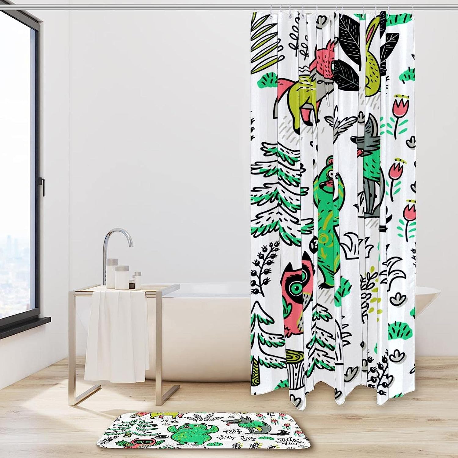 Adorable Cartoon Fox Bear Wolf And Owl Waterproof Shower Curtain For Kids' Bathroom - Image 2