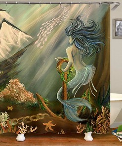 Adorable Cartoon Mermaid Waterproof Shower Curtain Bathroom Curtain