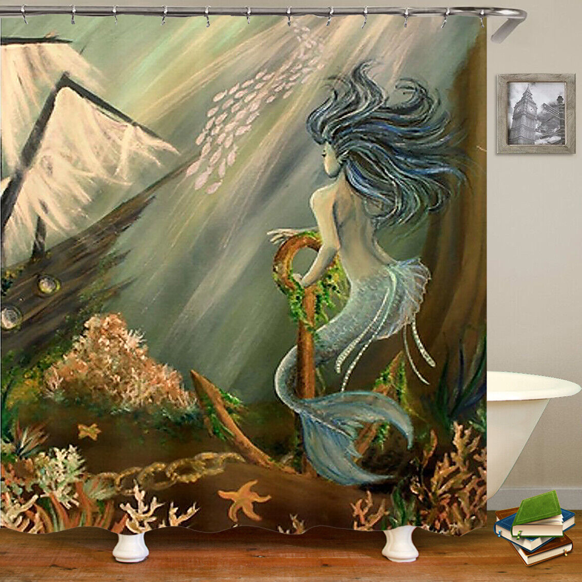 Adorable Cartoon Mermaid Waterproof Shower Curtain Bathroom Curtain