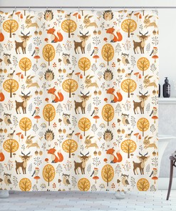 Adorable Cartoon Shower Curtain With Baby Owls Deers Birds Print For Kids Bathroom Decor