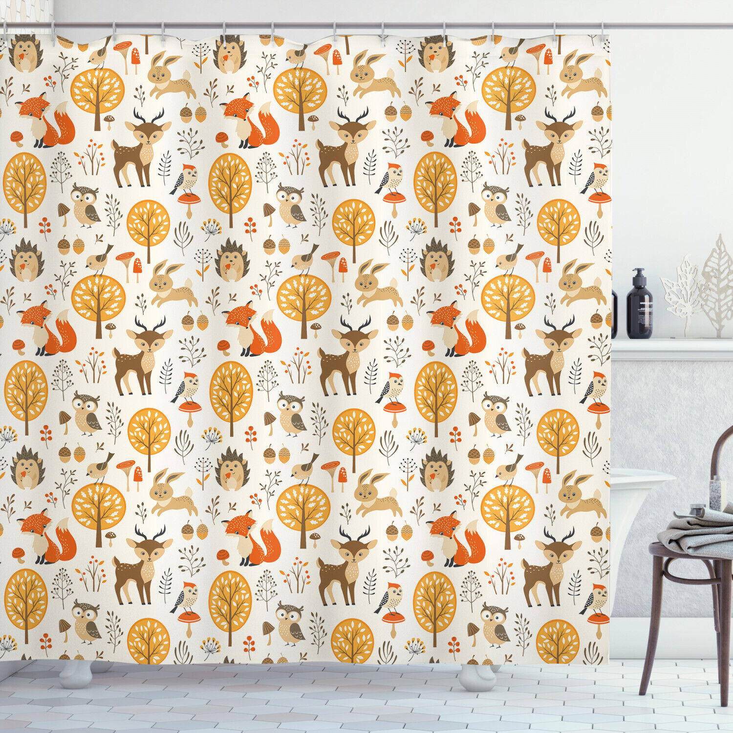 Adorable Cartoon Shower Curtain With Baby Owls Deers Birds Print For Kids Bathroom Decor