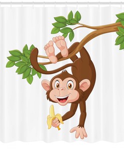 Adorable Cartoon Shower Curtain With Monkey And Banana Tree Print For Kids Bathroom Decor