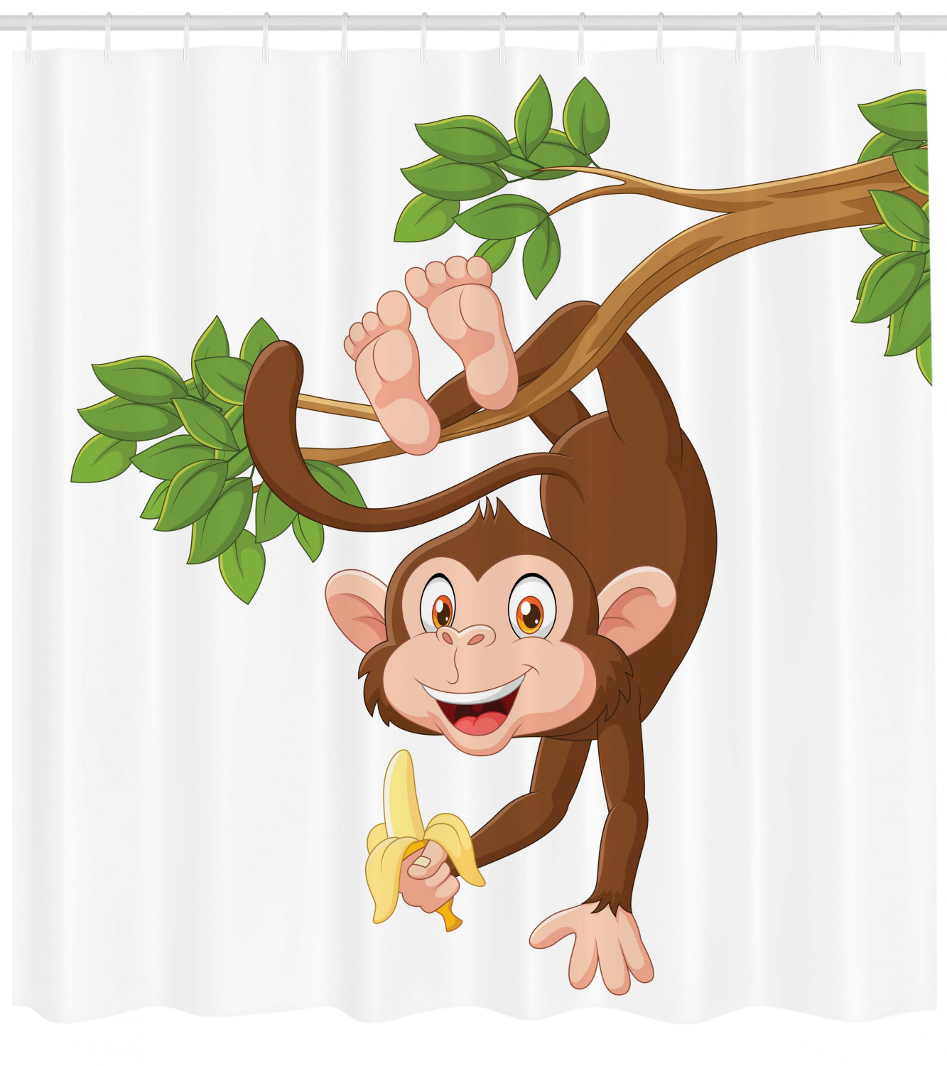 Adorable Cartoon Shower Curtain With Monkey And Banana Tree Print For Kids Bathroom Decor