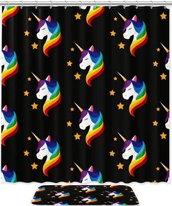 Adorable Cartoon Unicorn And Stars Shower Set With Waterproof Fabric And Bathroom Accessories