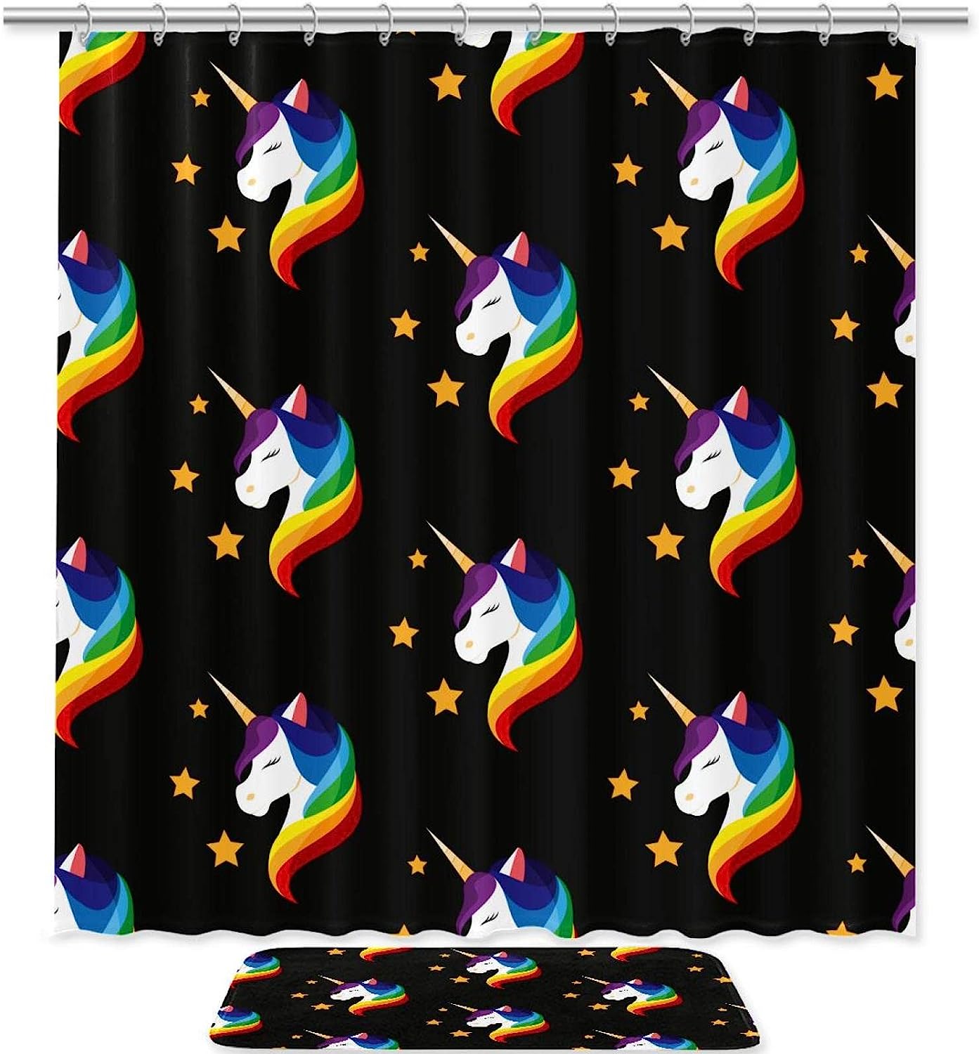 Adorable Cartoon Unicorn And Stars Shower Set With Waterproof Fabric And Bathroom Accessories