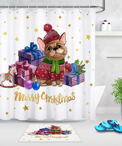 Adorable Cute Dog Toys Gift Box Merry Christmas Shower Curtain for Bathroom Decor