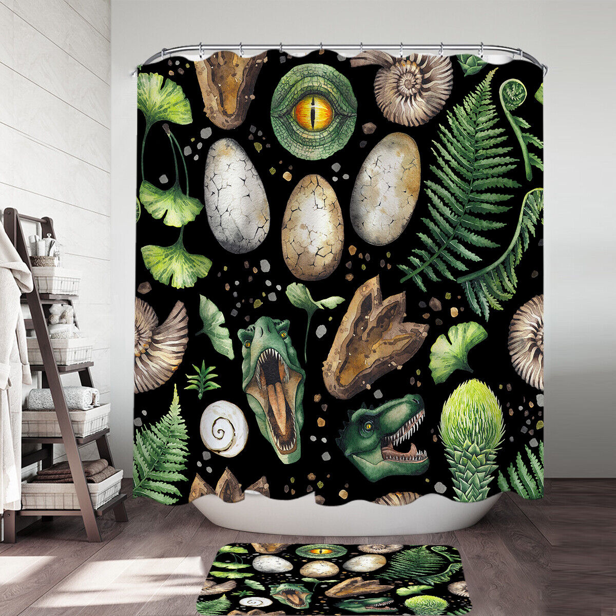 Adorable Dinosaur And Dinosaur Eggs Shower Curtain For Jurassic-Themed Bathroom Decor