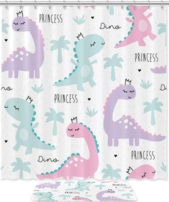 Adorable Dinosaur With Pink Purple Stripes Bathroom Curtain