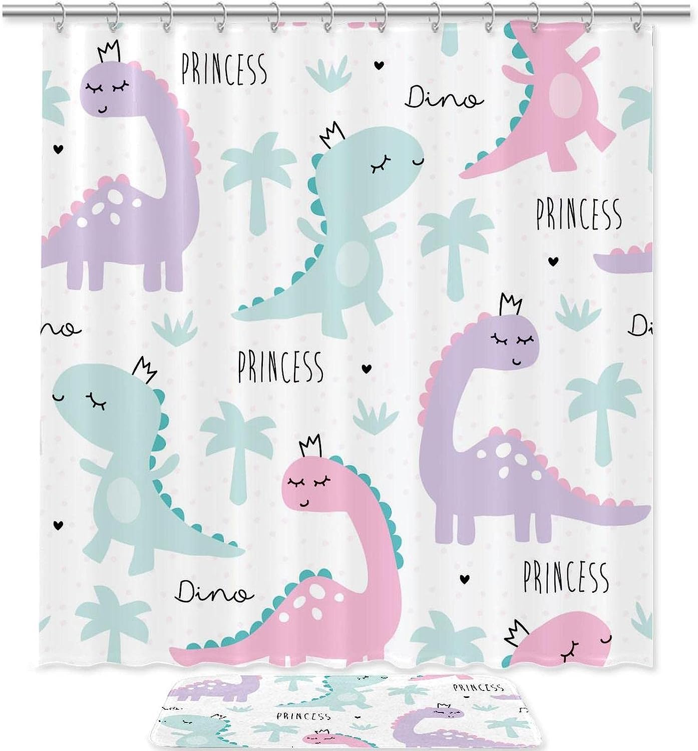 Adorable Dinosaur With Pink Purple Stripes Bathroom Curtain