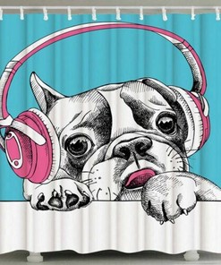 Adorable Dog With Headphones Waterproof Shower Curtain - Music Lover Bathroom Decor