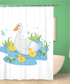 Adorable Duck Family Swimming Shower Curtain - Waterproof Fabric Bathroom Curtains