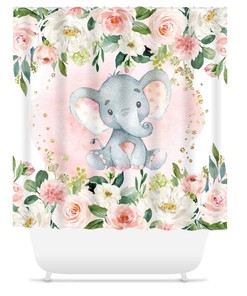 Adorable Elephant Floral Shower Curtain In Blush Pink Coral For Baby Girl Bathroom Decor