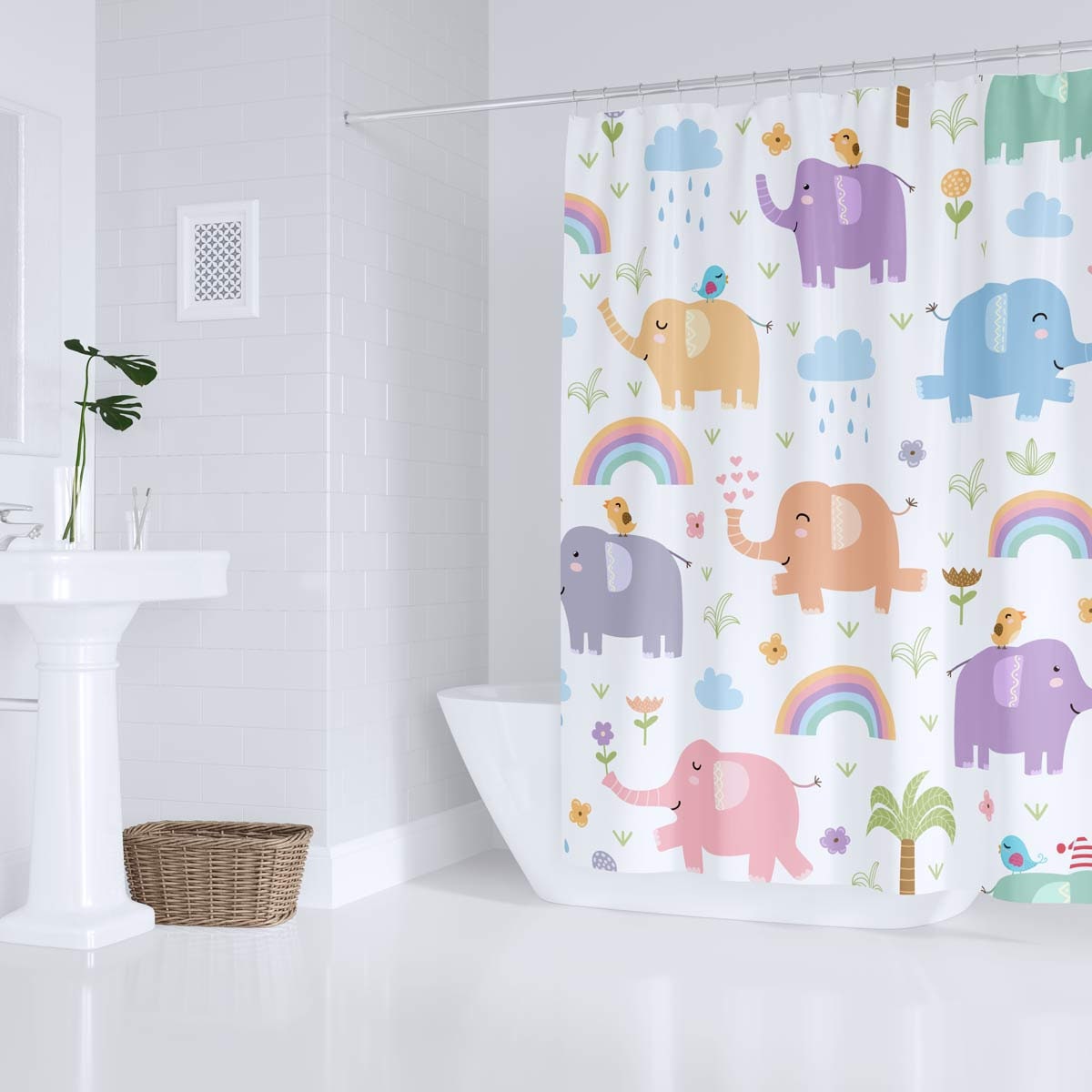 Adorable Elephant Jungle Shower Curtain for Kids Bathroom Decor