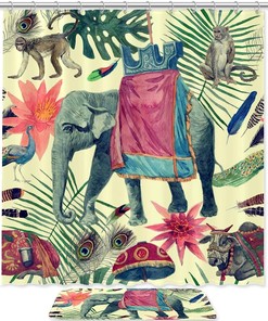 Adorable Elephant Monkeys Peacock Cow Waterproof Shower Curtain For Your Bathroom