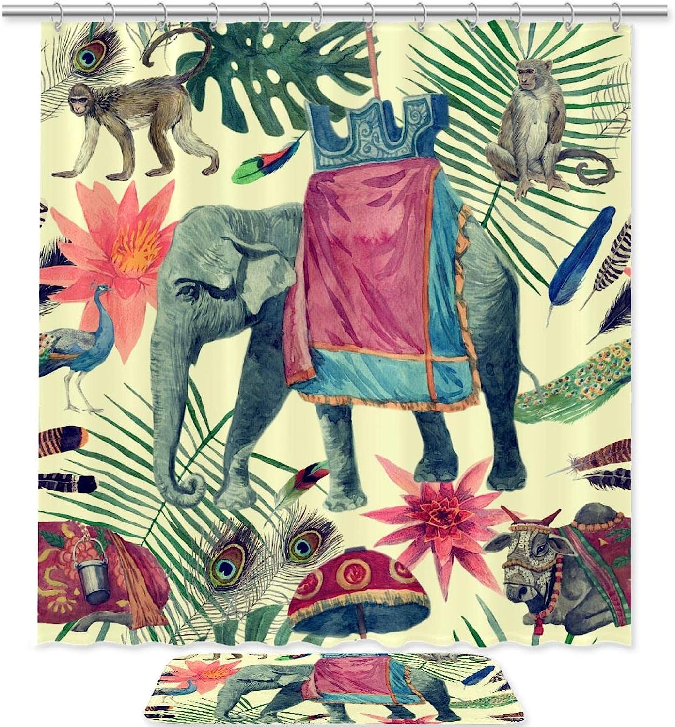 Adorable Elephant Monkeys Peacock Cow Waterproof Shower Curtain For Your Bathroom