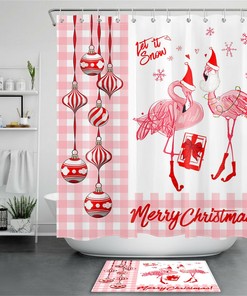 Adorable Flamingo Xmas Balls Snowflakes Merry Christmas Shower Curtain for Bathroom Decor